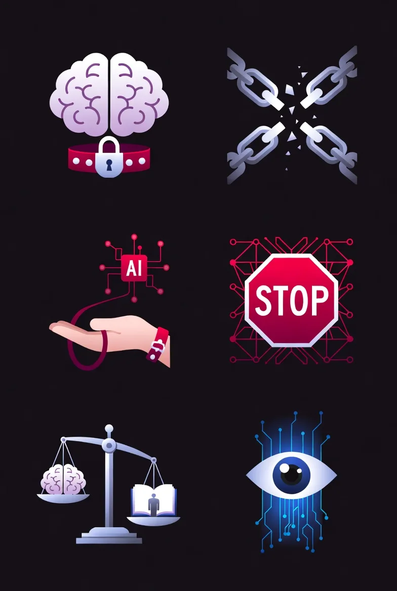 AI compliance concepts — locked brain, broken chain, AI control, stop signal, ethics balance, oversight eye
